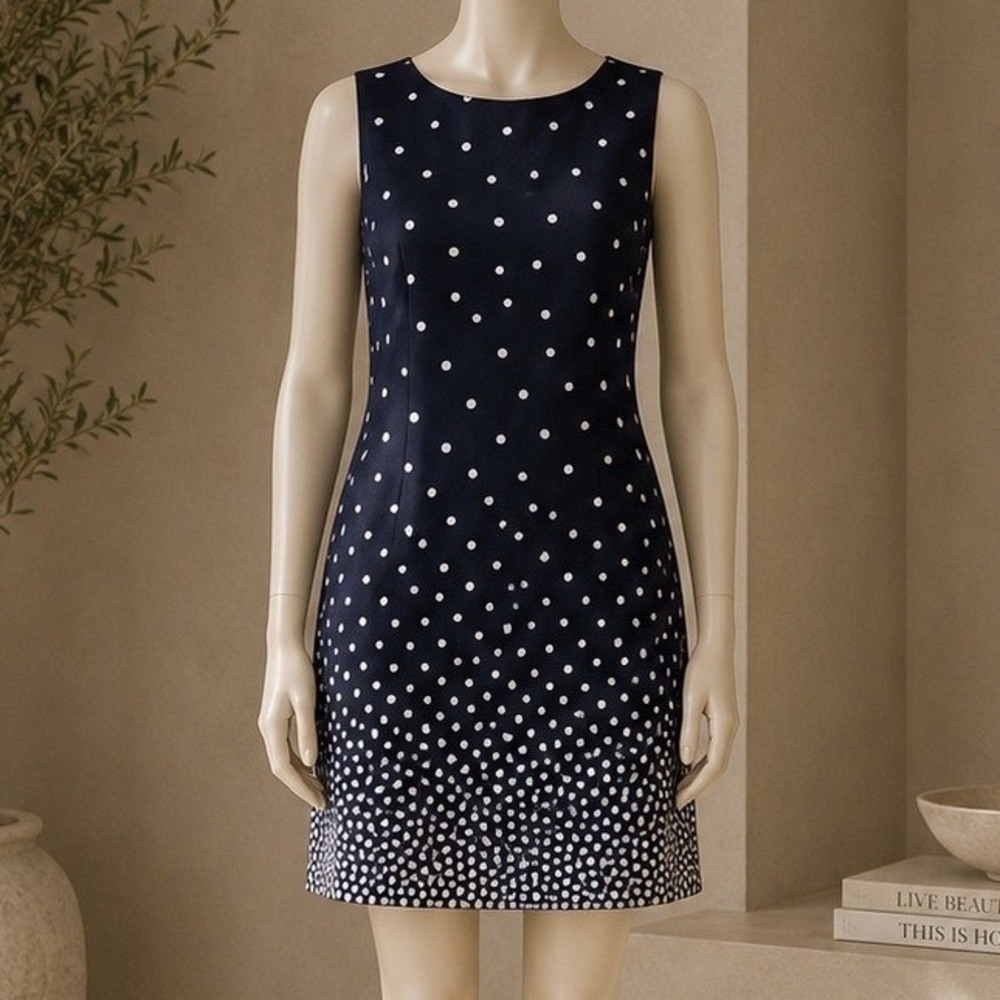 Talbots Dress Womens 10P Sheath‎ Navy Blue Polka Dot Sleeveless Gradient Hem